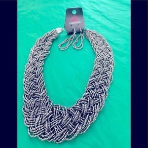 Silver/Grey braided necklace with earring set.